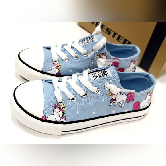 NWT Weestep Kids Adjustable Velcro Double Strap Blue Unicorn Canvas Sneakers, 13 - Picture 1 of 16
